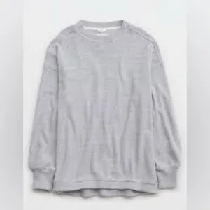 Aerie Gray White Waffeknit Oversized Crewneck Pullover Sweatshirt thumbnail 3