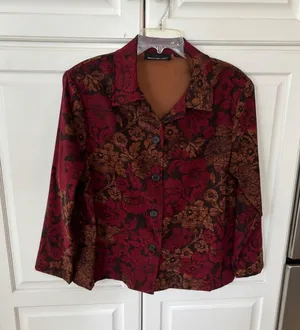 Briggs New York Floral Tapestry Print‎ Button Front Jacket Burgundy Brown Large thumbnail 1