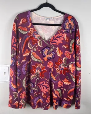 Chico’s Floral Knit Top Size 3 US XL Purple Long Sleeve V Neck Paisley thumbnail 1