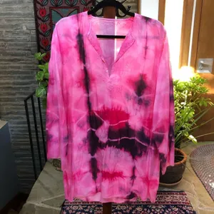 80s Vintage Indian Import V-Neck Tunic – Hand Dyed Pink, Red, Black size L thumbnail 2