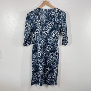 Berydress Blue White Animal Print Wrap Dress Sz Large 3/4‎ Sleeve Women's Midi thumbnail 3
