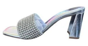 Bamboo Everlasting Silver Rhinestone‎ Embellished Block Heel Mules Sandals thumbnail 1