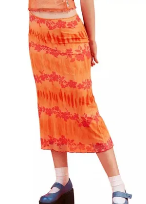 Orange Floral Beach Boho Midi Skirt thumbnail 1