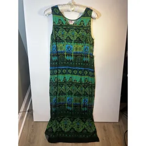 R&K Originals Size 18 Green Blue Black Geometric Scoop Neck Rayon Maxi Side Slit thumbnail 2