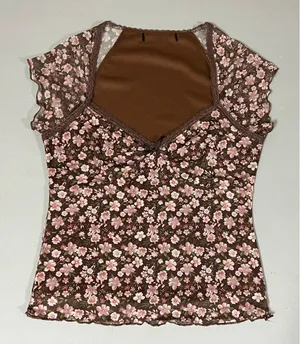 Brown Pink Floral Lace Bow Short Sleeve Tee T-Shirt Top Blouse Size M 🌸✨l thumbnail 1