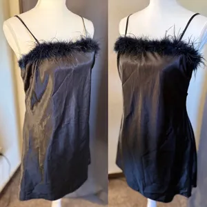 Thirty/Thirty LA Black Satin Feather Trim Mini Dress Open Back‎ Tie XL thumbnail 4