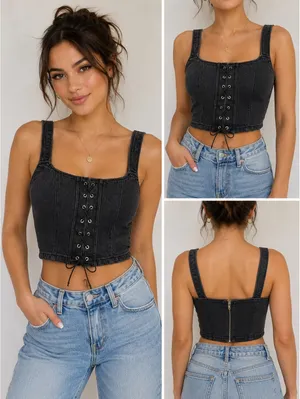 Wild Fable Women’s Large Black Denim Corset Crop Top Lace Up Y2K Grunge thumbnail 2
