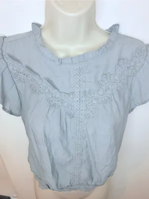 Mine Dusty Blue Lace Trim Blouse Short Sleeve Ruffle Neck Boho Women’s M thumbnail 2