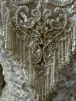 Vintage 80s Wedding Dress Heavily Embellished Long Sleeve Plunging Back S M 6 thumbnail 6