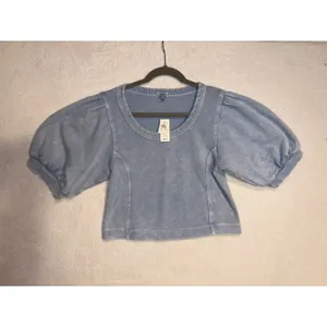 Aerie Seams Right Blue Acid Wash Puff Sleeve‎ Cropped Sweatshirt Scoop Neck NWT thumbnail 2