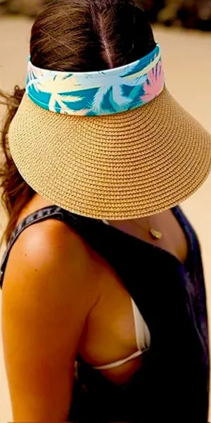 bon voyage STARBOARD NWT Wide Brim Straw Visor Hat with green leave Print Band thumbnail 1