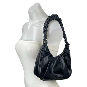Petite Simone Black Pleated Faux Leather Vegan Tote Hobo Crescent Handbag OS thumbnail 2