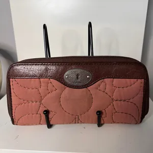 VTG Fossil Key-Per Floral Wallet Brown Leather Zip Around Clutch Organizer Purse thumbnail 2