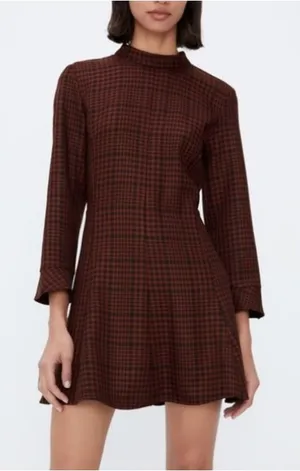 Zara Red & Black High Neck Plaid A-Line Mini Dress Women XS Skater‎ Girl Preppy thumbnail 1