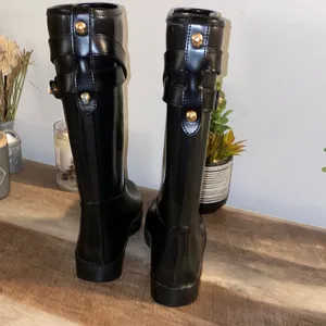Coach Trisha Tall Rubber Rain Boots With Gold Buttons & Leather Size 9M thumbnail 12