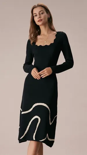 RIHOAS The Black Wave Scalloped Sweater Midi Dress 73 thumbnail 1