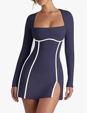 NEW Navy Blue Long Sleeve Square Neck Bodycon Side Slit Mini Dress M thumbnail 7