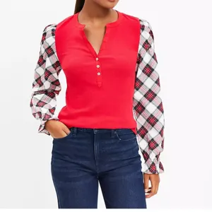LOFT Women’s Ribbed Henley Red Plaid Mixed Media‎ Puff Shirred Ruffle Sleeves S thumbnail 2