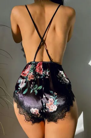 Boutique Floral Print Black Lace Trim Satin Teddy Bodysuit (M) New thumbnail 2