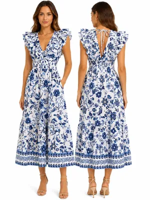 Adrianna Papell -‎ Toile Inspired Floral Cotton Ruffle Midi Dress thumbnail 2