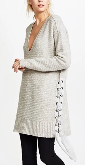 Free People Heart It Lace-Up Sweater in Light Gray thumbnail 1
