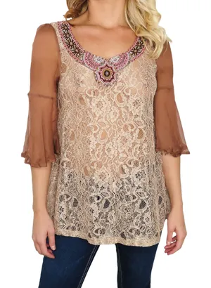 Gimmicks by BKE Mauve Pink Lace Beaded Boho Fairy Beaded Silk Blouse Small thumbnail 1