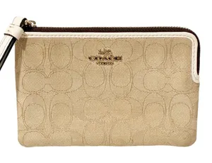 Coach Double Corner Zip Wristlet In Signature Canvas Beige Tan Brown thumbnail 1