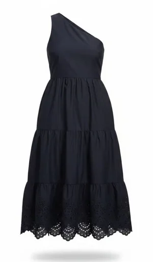 GAP Dress Sz 18 One Shoulder Navy‎ Blue Eyelet Hem Tiered Midi Summer Pockets thumbnail 1