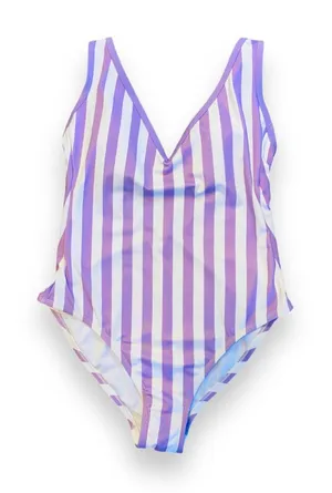 Kona Sol Purple and White Striped One Piece Swimsuit Size L Stretchy V Cut thumbnail 1