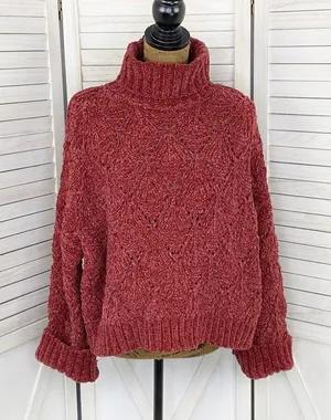 POL Chenille‎ Chunky Knit Turtleneck Crop Pullover Maroon Red Medium thumbnail 1
