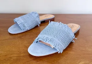 Latigo • Anthropologie Sofie Fringed Slide Sandal woven mules flat blue suede thumbnail 7