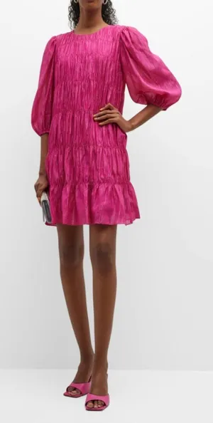 Trina Turk‎ Metallic Pink Shirred Puff Sleeve Mini Tiered Dress Preppy Dopamine thumbnail 1