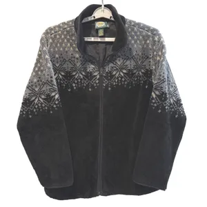 Cabelas Womens Fleece Jacket Black Gray Snowflake Full Zip Outerwear XL VTG‎ thumbnail 1