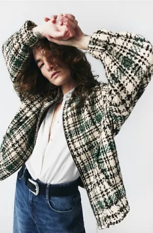 Zara Plaid Tweed Bomber Jacket thumbnail 4