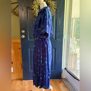Blue Midi Dress 80s Blouson Floral Print Dress Button Back 80s Draped High Waist thumbnail 4