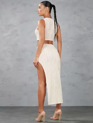 Sleeveless Ribbed Cream Maxi Skirt with High Slit 2 pcs thumbnail 2