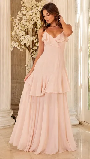 Lulus Blush Pink Ruffle Chiffon Maxi Dress NWT Size Small thumbnail 1