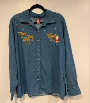 Holiday Time Christmas Santa‎ Reindeer denim button down long sleeve thumbnail 1