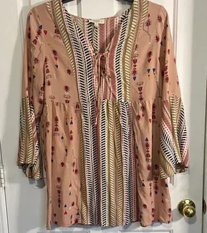 Umgee Blush Pink Printed Boho Tunic with Tie Neck thumbnail 1