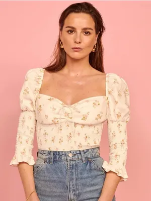 Reformation Linen Floral Smocked Puff Sleeve Top Cream Sweetheart Neck thumbnail 7