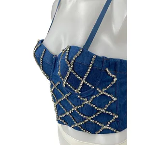 Women's Blue Rhinestone Bustier Corset Sleeveless Denim Jean Crop Top Size 6 thumbnail 3