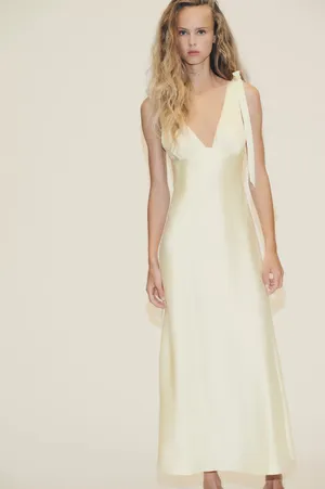 Zara Elegant butter yellow satin maxi long Dress evening party wedding thumbnail 15