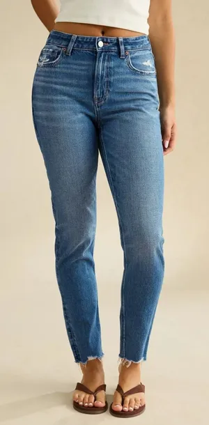 American Eagle Strigid Mom Jeans Size 12 Short Medium Wash High Waist Raw Hem thumbnail 1