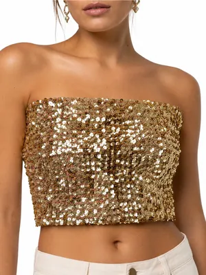 Gold Sequin Paillette Tube Top One Size S M Stretch Strapless Crop Party Y2K thumbnail 3