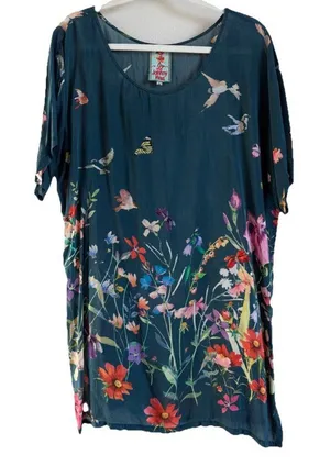 Johnny Was Summy Short Sleeve‎ Tunic Top Women's Large Floral Birds Butterflies thumbnail 1