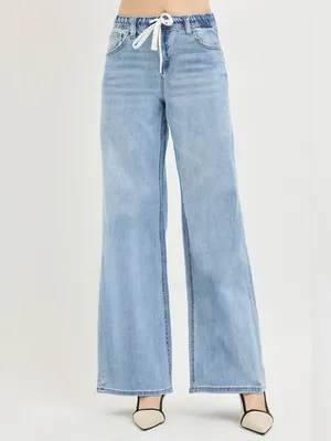 RISEN Light Wash Wide Leg Jeans Elastic Cinch Tie Waist Slouchy Various NEW thumbnail 12