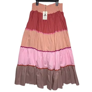 NWT EASEL Women’s Boho Tiered Color Blocked Pull on Smocked Maxi Skirt thumbnail 3