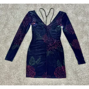 Free People Intimately Floral Velvet Strappy Bodycon Mini Dress Long Sleeve Sz S thumbnail 2