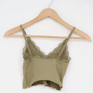 Olive Green Ribbed Lace Trim Cropped Camisole V-Neck Adjustable Straps Top thumbnail 2