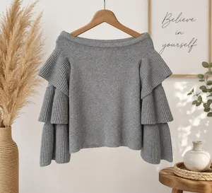 Endless Rose Off-the-Shoulder Tiered Ruffle Sleeve Sweater in Heather Grey 🩶 - Size S thumbnail 3